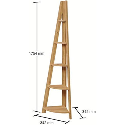 Timber Art Design Riva Scandinavian Retro 5-tier Corner Ladder Wooden Bookcase Shelving Unit for Storage Modern Furniture for Bedroom, Living Room, Oak - W38.6 x H175.4 x D38.6 cm