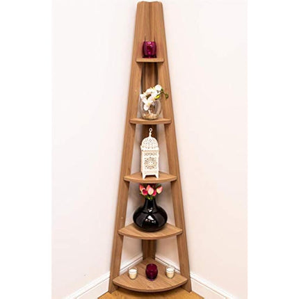 Timber Art Design Riva Scandinavian Retro 5-tier Corner Ladder Wooden Bookcase Shelving Unit for Storage Modern Furniture for Bedroom, Living Room, Oak - W38.6 x H175.4 x D38.6 cm