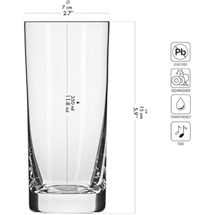 KROSNO Tall Water Juice Drinking Highball Glasses | Set of 6 | 350 ML | Blended Collection | Large Half Pint Mojito Glasses Cocktail Set | Perfect for Home & Parties | Dishwasher Safe Tumbler Glasses