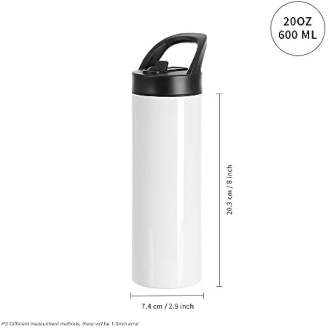 PYD Life Sublimation Tumblers Blanks Cups Water Bottle White 20 OZ Skinny Straight Sports Bottles Mugs with Portable Sippy Up Lid with Straw,for Tumbler Heat Press 4 Pack