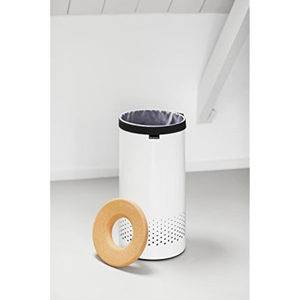 Brabantia - Laundry Bin - Cork Lid - Portable Laundry Bag Inside - Quick-drop Opening - Basket with Ventilation Holes - Non-Scratching Bottom - Corrosion Resistant - White - 35L