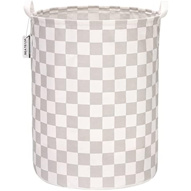 Sea Team 19.7 Inch Large Sized Waterproof Coating Ramie Cotton Fabric Folding Laundry Hamper Bucket Cylindric Burlap Canvas Storage Basket with Stylish Grid Grey Design