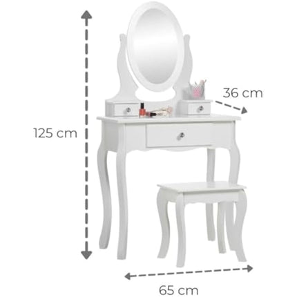 Runesol Girls Dressing Table (Age 8-13yrs) with Mirror and Stool, Children's White Wooden Make up Dresser, Kids Vanity Table, Childs Dressing table, Dressing Table Set for a Kid