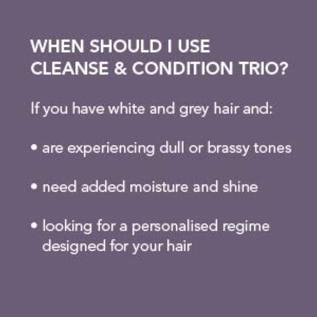 White Hot Cleanse & Condition Trio: brightening hair care regime to cleanse & add gloss to white & grey hair, purple shampoo