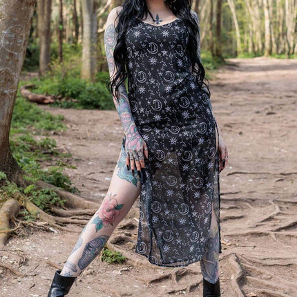 Alternative Moonprint Maxi Dress With Straps And Leg Split