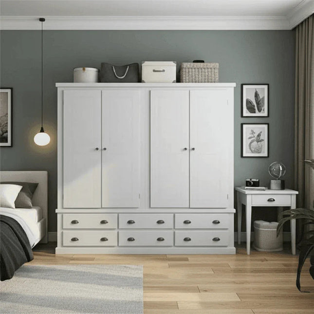 Pine Wooden Wardrobe 6 Drawers 4 Doors – Solid FSC-Certified Wood, Available in White, Grey & Dark Grey