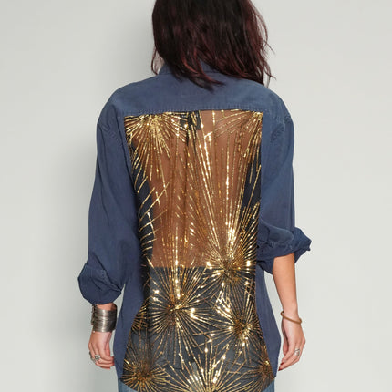Party Back Shirt - Gold Sequin - Blue Cotton