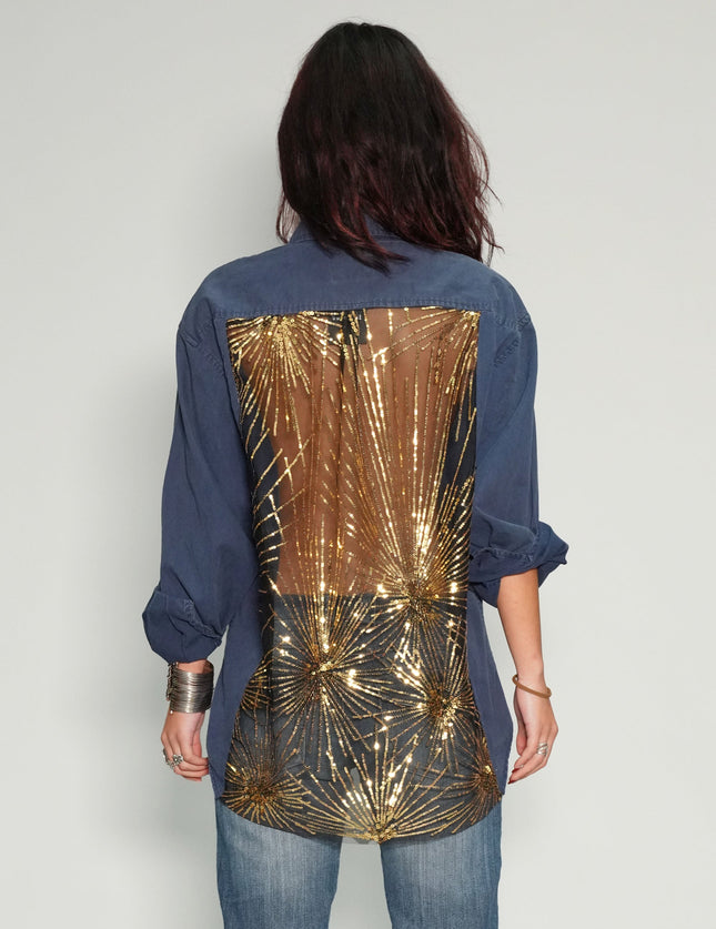 Party Back Shirt - Gold Sequin - Blue Cotton