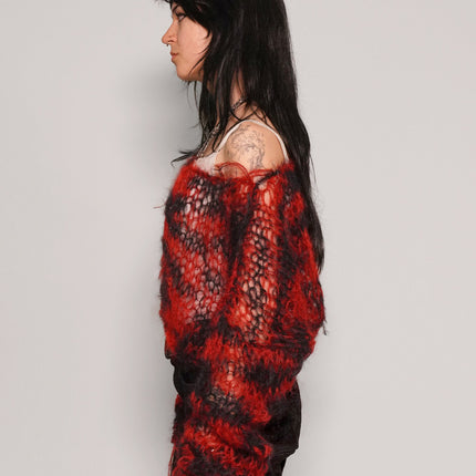 "PISTOLS" Mohair Hand Knit Cropped Sweater - Red & Black