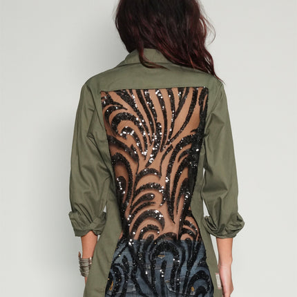 Party Back Shirt - Black Sequin - Khaki