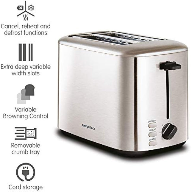 Morphy Richards Equip 2 Slice Toaster, Defrost and Reheat, Browning Controls, Variable Wide Slots, Removable Crumb Tray, 800W, Stainless Steel, 222067