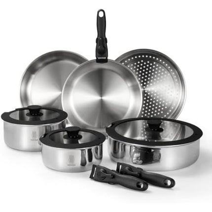 ROYDX Uncoated 18/10 Stainless Steel Cookware Set, Large Frying Pan Set with Steamer and Saute Pan, Stay-Cool Detachable Handles and Glass Lid, LFGB Approved Pots and Pans Set, Serve 4-6 People