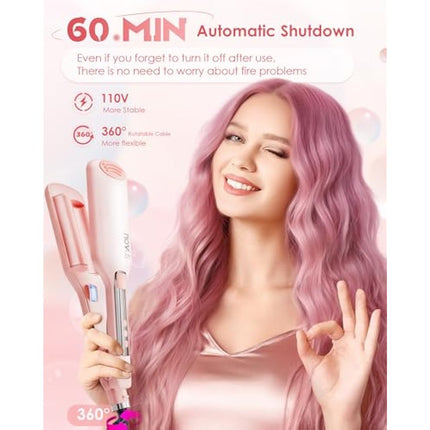 Wave Curling Iron Anti-Scald Hair Waver, 2 Barrel Ionic Wavy Hair Crimper for Women, 1.1in/28MM Rapid Heating Curling Wand, Curling Iron Culer with Wide Deep Waves