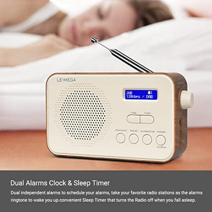 LEMEGA PR2 Portable DAB/DAB+ and FM Digital Radio,Personal Small DAB Radio, Alarm Clock,60 Preset Stations,Headphones-Out,Batteries or Mains Powered - Walnut