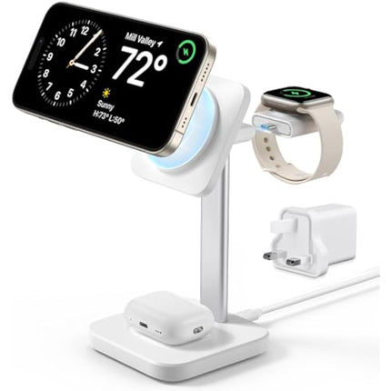 ESR 3-in-1 Wireless Charger Stand with MagSafe, Removable Made for Apple Watch Certified Charger, MagSafe Charging Station, Magnetic Charger for iPhone 16/15/14/13/12 Series, AirPods 4/3/Pro, White