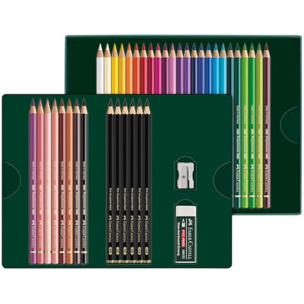 Faber-Castell 210053 Drawing Set 40 Pieces with Polychromos Colouring Pencils and Pencils Pitt Graphite Matt, Includes Sharpener and Eraser