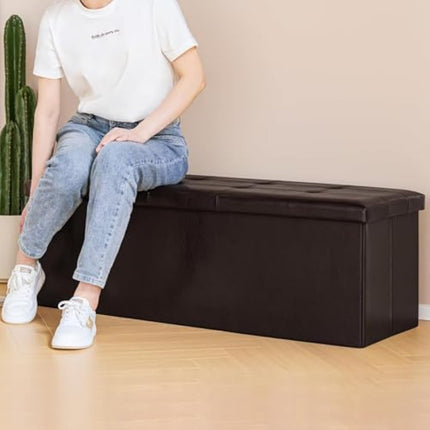 Bonlife Storage Ottoman, End of Bed Bench,Chest with Lid, Faux Leather Foldable Bench, 140L Capacity, Holds up to 300 kg, Footdtool for Bedroom, Hallway, Living Room,Brown