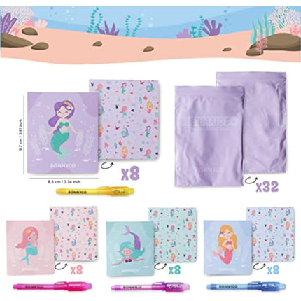 BONNYCO Invisible Ink Pen and Notebook, Pack 32 Mermaid Party Bags Filler & Pinata Toys | Mermaid Birthday Decorations | Stocking Fillers for Kids Birthday | School Prizes & Gifts for Children