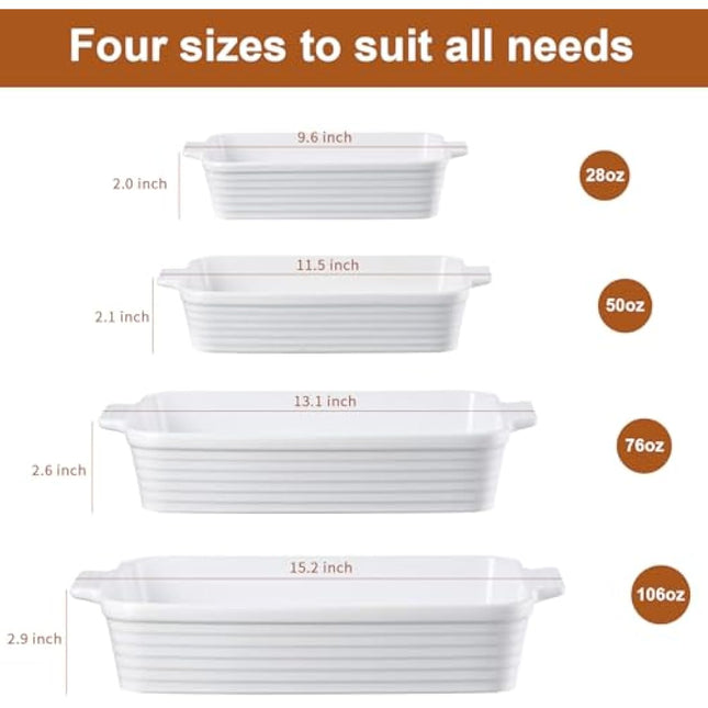 Jassceram Ceramic Casserole Dish Set of 4 Deep Rectangular Lasagna Pan Baking Dishes with Handles Large Porcelain Oven Safe Bakeware for Cooking Brownie Banquet Mac&Cheese(9.6"/11.5"/13.1"/15.2")
