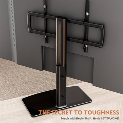 Universal Swivel TV Stand/Base Table Top TV Stand 40 to 86 inch TVs 110 Degree Swivel, 5 Level Height Adjustable, Heavy Duty Tempered Glass Base, Holds up to 66kgs Screens, HT04B-003P