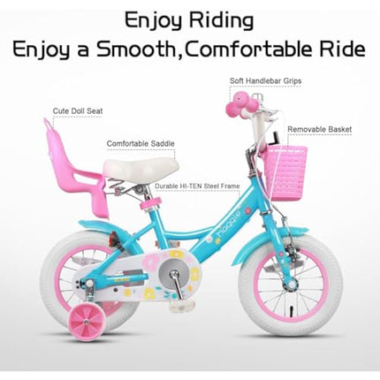 Glerc Maggie 12 Inch Kids Bike for 2-13 Years Old, Girls Bicycle with Doll-Seat & Basket & Stabilisers & Kickstand, Multiple Colors