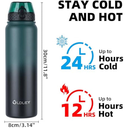 OLDLEY Stainless Steel Water Bottle with Straw 1L Vaccum Insulated Large Drink Flask Metal Water Bottles 1 Litre Leakproof Keep Drinks Hot Cold for Sports Gym Adult Women Men(Green Black, 1 Lid)