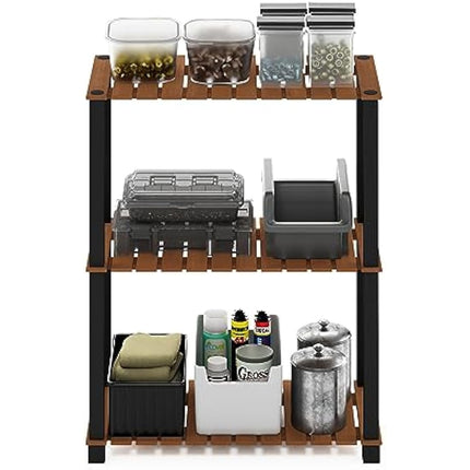 Furinno Pangkor 3-Tier Turn-N-Tube Indoor Outdoor Plant Shelf Wood Stand with Square Poles, Natural/Black
