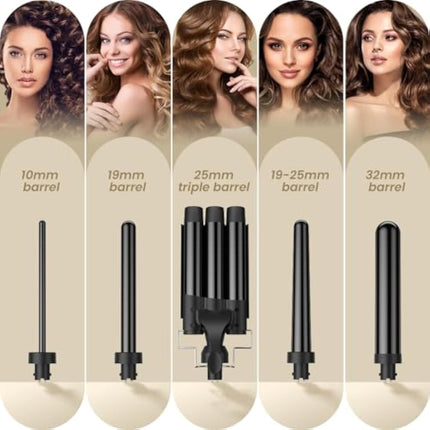 Hair Waver Curling Wand Iron Tong, Chopstick, 5 in 1 Hair Curler for Long Hair 10mm-32mm with 2 Crocodile Clips 1 Anti-Scald Silicone Gloves, PTC Ceramic Triple Barrels LCD 180°C & 210°C