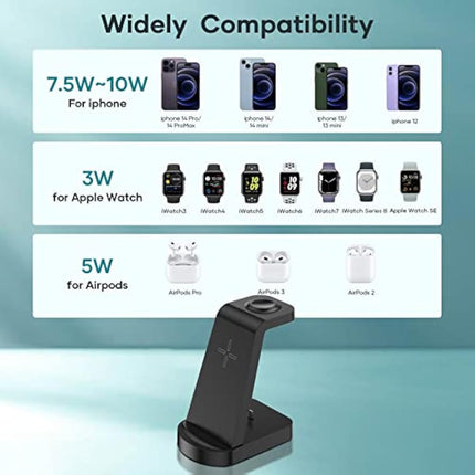 bakibo 3 in 1 Wireless Charging Station, Wireless Charger for iPhone 15/14/13/12/11/Plus/Pro/Max, Wireless Charging Stand Dock for Apple Watch 9/8/Ultra/7/6/SE, AirPods 3/2/1/pro (with Adapter), Black