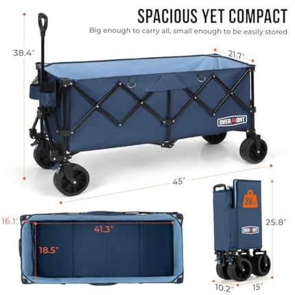 Overmont 300L Extra Large Folding Festival Trolley Cart - All-terrain Wide Wheels and Brake - Heavy Duty Cart Load up 200KG - with Adjustable Handle & Cover Bag - Wagon for Beach Camping Garden blue