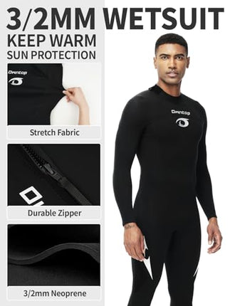 Owntop Men's Full Length 3/2mm Wetsuit, Ultra-Stretch Long Sleeve Winter Wetsuit, Back Zip Adult Neoprene Surfing Diving Wet Suit, Men Black XXL