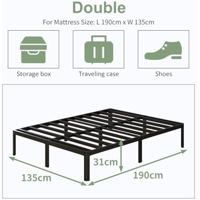Lutown-Teen 4ft6 Double Bed Frame 30.5 cm High with Rounded Corner Legs, Heavy Duty Metal Bed Frame Double 4ft 6 with Steel Slats Support, Noise Free, Easy Assembly, Black