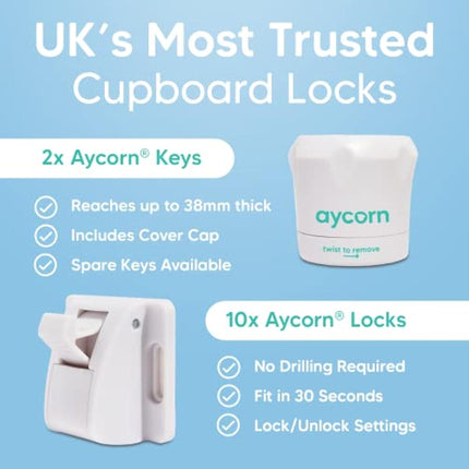 AYCORN® Magnetic Safety Cupboard Locks [10x] for Children [Includes 2X Keys] Child & Baby Safety Proofing for Kitchen, Cabinets and Drawers, 30 Second Install (No Drilling) with 3M Adhesive