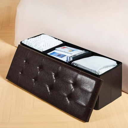 Bonlife Storage Ottoman, End of Bed Bench,Chest with Lid, Faux Leather Foldable Bench, 140L Capacity, Holds up to 300 kg, Footdtool for Bedroom, Hallway, Living Room,Brown