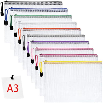 Vicloon Plastic Wallets, 10Pcs A3 Zip Lock Bags, Mesh Document Wallet Document Folders Plastic Pockets Zipper File Wallet for School Office Homework Travel Storage Bags (Color Zipper)
