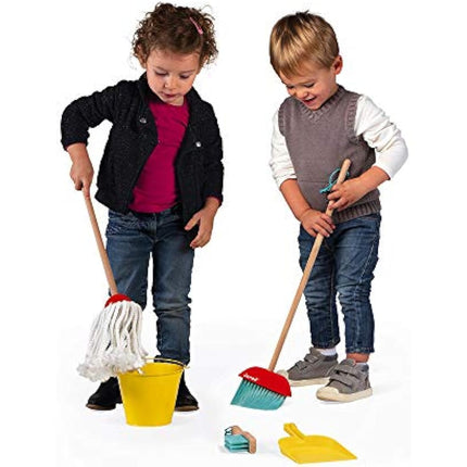 Janod - Cleaning Set - 5 Realistic Wooden Accessories - Broom + Mop + Bucket + Shovel + Brush - Imitation Wooden Toy for Children - from 2 Years Old, J06588