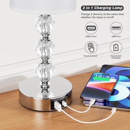 Aooshine Touch Table Lamp, Crystal Bedside Lamps with 3 Way Dimmable, Touch Lamps Bedside with USB C+A Charging Ports, Bed Lamps with White Fabric Shade for Living Room, Bedroom, Dorm(Bulb Included)