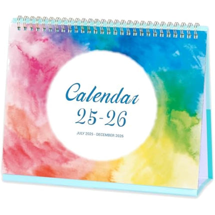 Calendar 2025-2026 - Desk Calendar 2025-2026 uk, 18 Months Calendar from July 2025 to December 2026, 10" x 8.3", Memo Pages - Rainbow Watercolor Ink