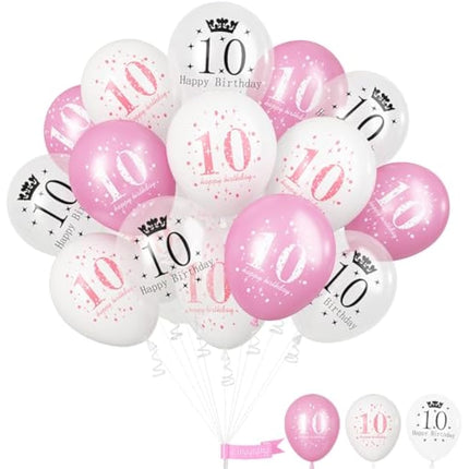Pink White 10th Birthday Balloons, Pack of 15 Happy 10th Birthday Party Decorations for Her, 10th Birthday Latex Helium Balloons Set for Kids Age 10 Year Old Birthday Party Decorations Supplies