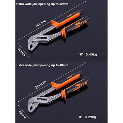 LATERN 2Pcs Tongue and Groove Plier, 8-Inch & 10-Inch Water Pump Pliers 40mm & 52mm Wide Jaw Capacity Slip Joint Pliers with Non-Slip Handle for Tightening & Loosening Nuts, Bolts, Pipe