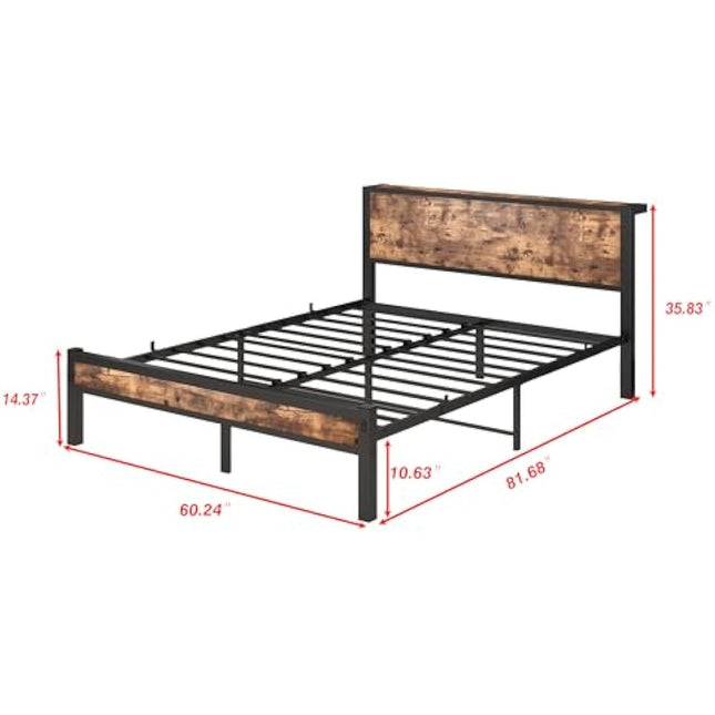 DUMEE King Size Bed Frame with Storage Wooden Headboard, Metal Bed Frame Kingsize Bed Base/Mattress Foundation, Enhanced Support Noise Free, Textured Black+Brown Oak