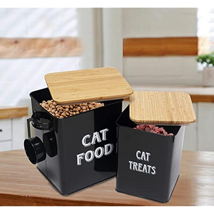 Pet Food and Treats Containers Set with Scoop for Cats or Dogs - Beige Powder-Coated Carbon Steel - Tight Fitting Wood Lids - Storage Canister Tins - Cat Food - Black