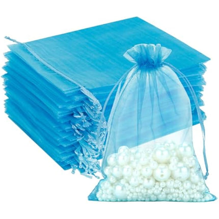 G2PLUS Lake Blue Organza Gift Bags: 13x18 CM Clear Mesh Pouches, 100 PCS Organza Jewellery Bags, Large Favour Pouches for Wedding, Birthday Party Supplies