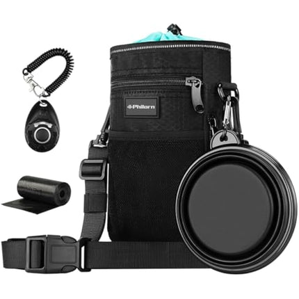 Philorn Dog Treat Pouch，Dog Walking Bag for Pet Training Treats Pouch with Free Clicker, Collapsible Bowl & Poop Bag Holder, Dog Treat Bag Water-Resistant Reflective Design, 3 Ways to Wear