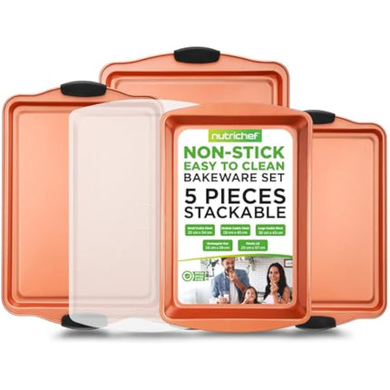 NutriChef 5 Piece Baking Pan Set - PFOA, PFOS, PTFE Free Flexible Nonstick Carbon Steel Bakeware Set - Home Kitchen Bake Pan Cookie Sheet Stackable Baking Tray Set w/Black Silicone Handles