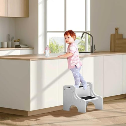 Merrynine Upgraded Wooden Step Stools for Kids, Toddler Step Stool with Non-Slip Mat for Bathroom Sink, Kitchen, Thickened Wood, Double Handles, Pre-Slotted Side Plate, (15.8*14.96*12.6",5.6LB,White)