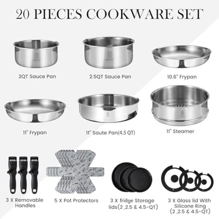 ROYDX Uncoated 18/10 Stainless Steel Cookware Set, Large Frying Pan Set with Steamer and Saute Pan, Stay-Cool Detachable Handles and Glass Lid, LFGB Approved Pots and Pans Set, Serve 4-6 People