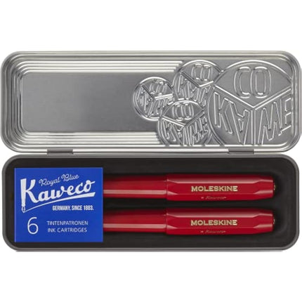 Moleskine x Kaweco Fountain Pen in ABS plastic with Gold-Plated Size M Nib and Refillable Ballpen for Writers, Note-Takers, Refill 1.0mm with Blue Ink and 6 Blue Ink Cartridges included, Color Red