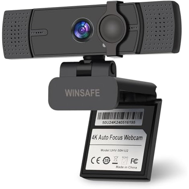 WINSAFE Webcam 4K, Ultra HD Video Calling, AI Auto Focus, Dual Noise-Canceling Microphones, 70° FOV, 1080P@60FPS, Privacy Cover, Plug&Play PC Camera, Works with Teams, Zoom, OBS, Skype, Google Meet