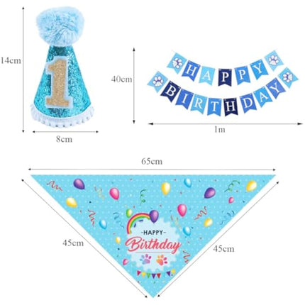 BIPY Blue Dog 1st Birthday Hat Bandana Banner for Boys Small Medium Dogs Cats Soft Bibs Doggy Party Grooming Supplies Celebration Birthday Bandana Set Costumes Headwear
